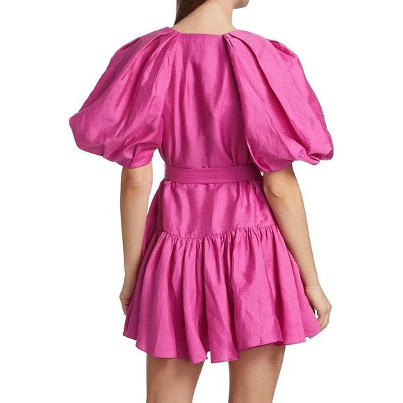 Acler Sloane Puff Sleeve Linen Blend Mini Dress Fuchsia Pink Size US 6 / AU 10 - Picture 2 of 9